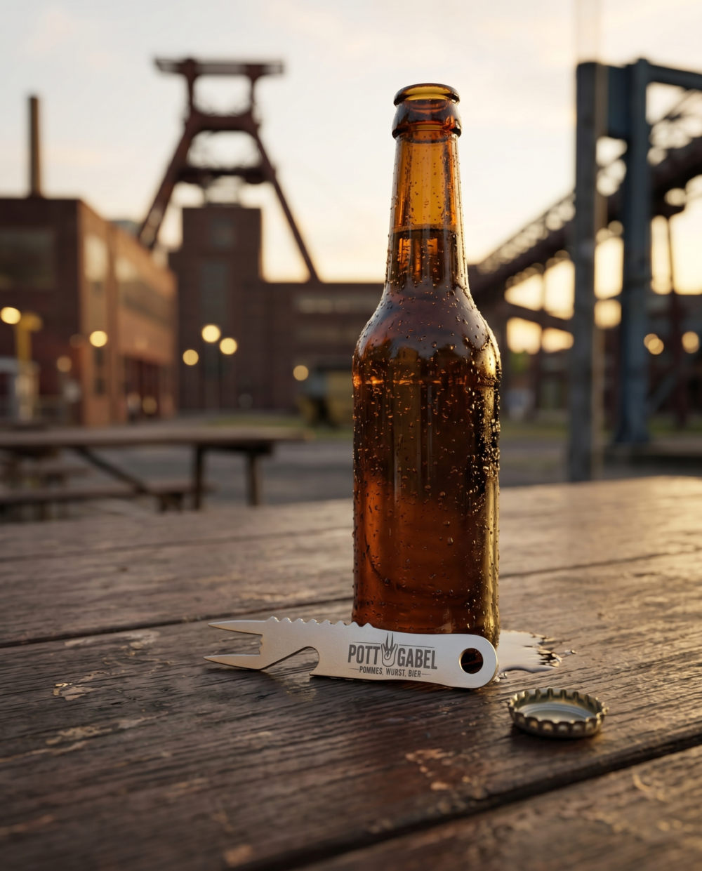 Pottgabel als Flaschenöffner neben einer geöffneten Bierflasche