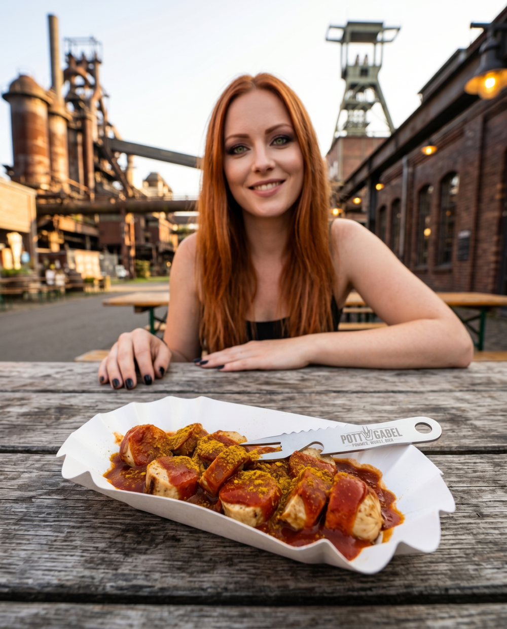 Pottgabel neben einer Currywurst im klassischen Ruhrpott-Imbiss